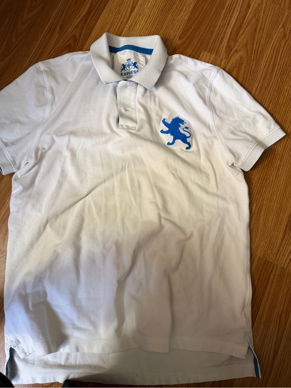 Express White Polo with Blue Lion Crest